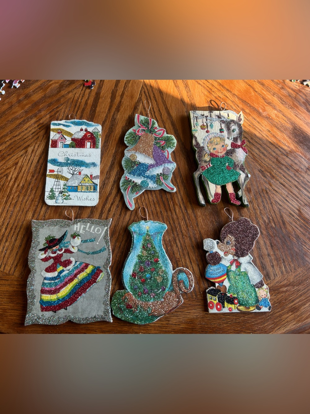 Vintage Handmade Glittered Christmas Card Wood Ornaments Set of 6
